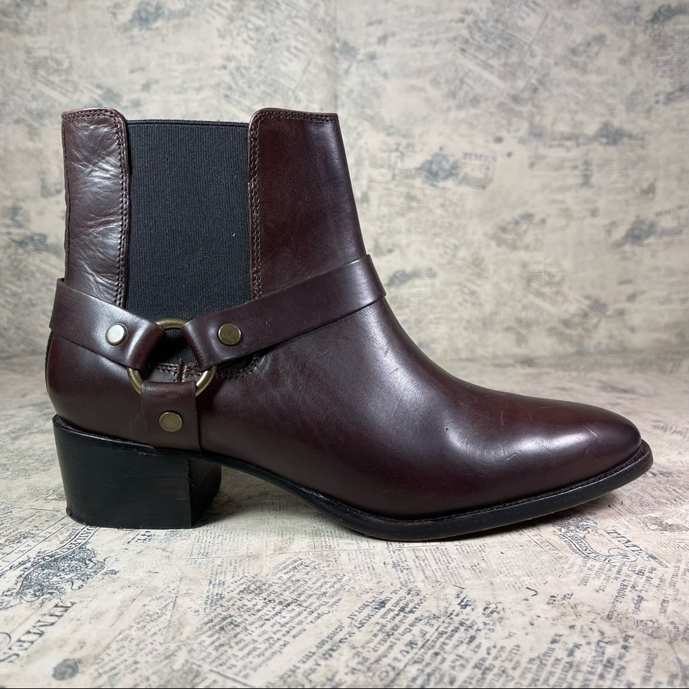 FRYE Dara Harness Chelsea Boots Brown Leather Moto Ankle Boots Women's